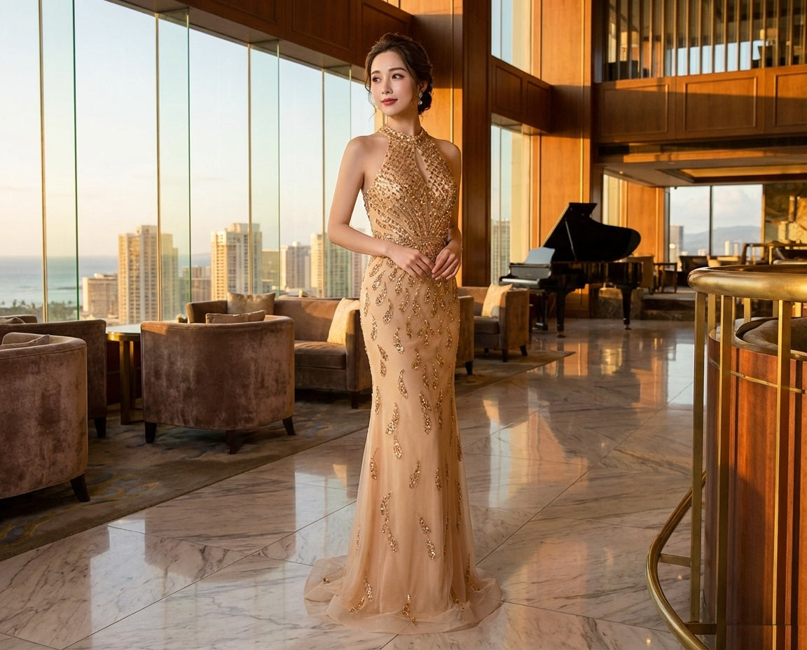 Sofiana マーメイドドレス (着丈 サイズオーダー可能) オーダーメイド ロングドレス ノースリーブドレス レースドレス ビジュードレス シアードレス 高級ドレス ラグジュアリー フォーマル パーティー 演奏会 結婚式 二次会 ホテルラウンジ 夜景空間 夕景ライティング 気品 透明感 大人女性 美シルエット 日本人女性向け 上質素材 都会的洗練 特別な夜 主役級存在感 （ベージュ）XS S M L XL XXL XXXL