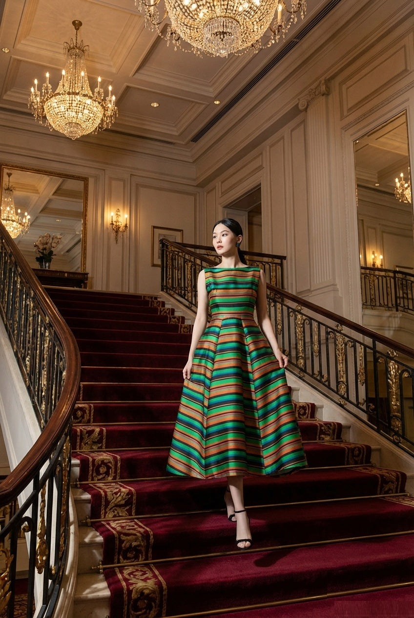 3-7464 ロングドレス (着丈 サイズオーダー可能) オーダーメイド Aラインドレス ノースリーブドレス グリーンドレス ストライププリント ボタニカル配色 フレアロング ハイネック風 クラシックホテル 階段演出 シャンデリア光 気品 堂々 大人女性 美シルエット 高級感 特別な夜 結婚式 二次会 演奏会 パーティー フォーマル 日本人女性 （グリーン）XS S M L XL XXL XXXL