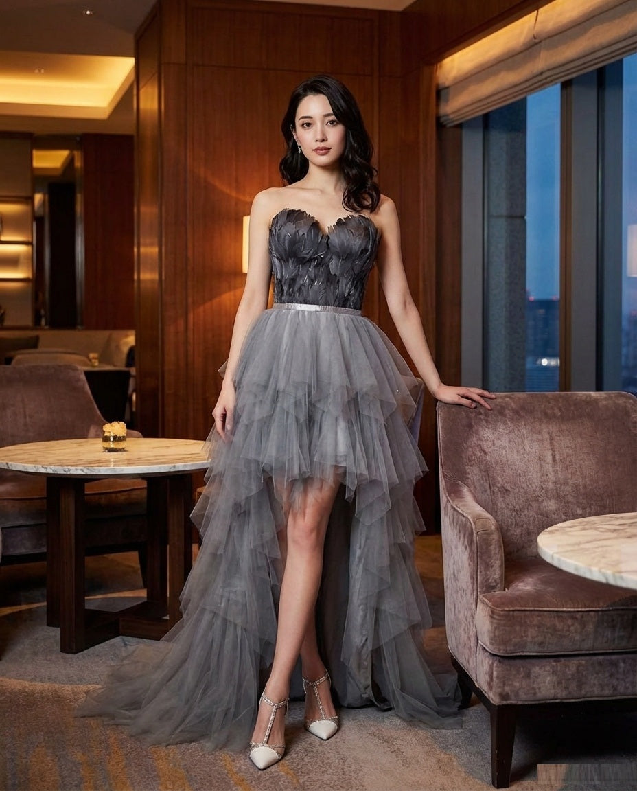 pierre （着丈 サイズオーダー可能） オーダーメイド フィッシュテールドレス Aラインドレス ロングドレス ベアトップドレス チュールドレス スパンコールドレス フォーマルドレス 高級ドレス 上質素材 華やぎ 気品 大人女性 美シルエット 体型補整 ホテルラウンジ 夜景 映える装い 結婚式 二次会 演奏会 特別な夜 ラグジュアリー （グレー）XS S M L XL XXL XXXL