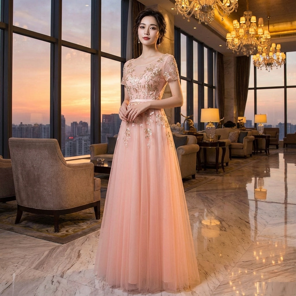 laurie (着丈 サイズオーダー可能) Aラインドレス ロングドレス シースルードレス オーダーメイド 高級 チュール レース 刺繍 フラワーモチーフ 立体装飾 ウエスト切替 美シルエット 透明感 気品 優雅 ホテルラウンジ 夕景 夜景ライティング 特別な夜 晩餐会 パーティー 結婚式 二次会 日本人女性 優しい微笑み 美しい瞬間 （ピンク）XS S M L XL XXL XXXL