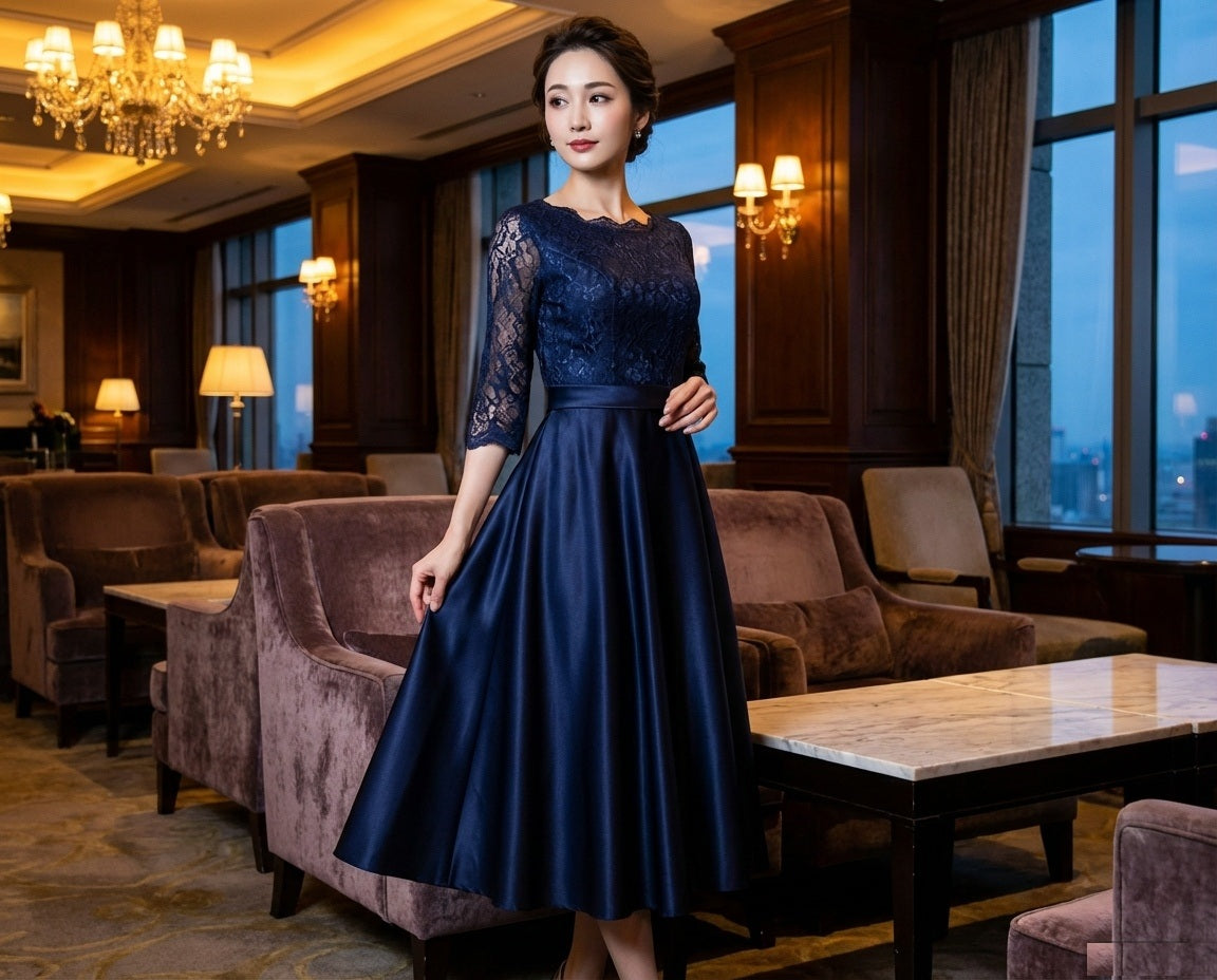 donatello (着丈 サイズオーダー可能) オーダーメイド ミディドレス Aラインドレス ネイビードレス ノースリーブドレス フォーマルドレス 上質素材 クリーンシルエット 立体ウエスト 美シルエット スタジオ背景 ソフトライティング 知的 気品 大人女性 正装 結婚式 披露宴 二次会 食事会 パーティー 高級感 日本人女性向け （ネイビー）XS S M L XL XXL XXXL