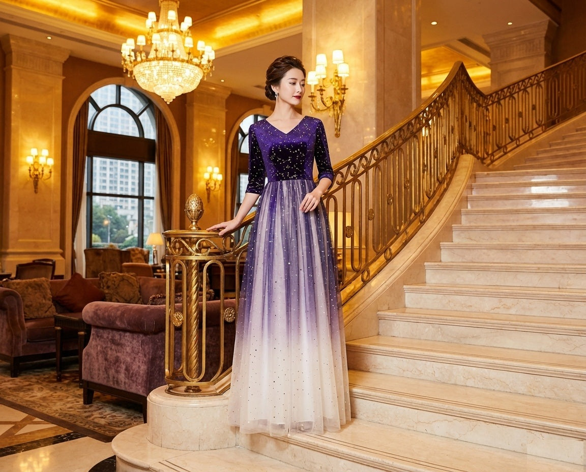 suoma Aラインドレス ネイビー S M L XL XXL XXXL　結婚式 大きいサイズ 演奏会 パーティードレス ロングドレス お呼ばれ ドレス ワンピース 二次会 発表会 母親 フォーマルドレス 袖あり フォーマル パーティー 披露宴 同窓会 アフタヌーン ドレス ママ ドレス ミセス 七分袖 洋装 長袖 マザーズ ドレス 演奏会用 ドレス レディース Aライン