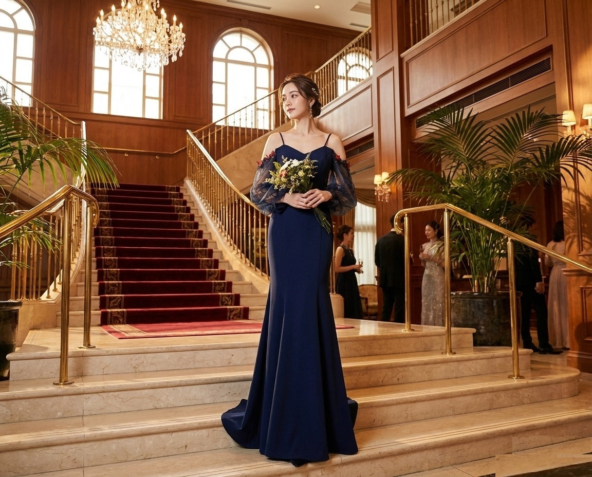 virve マーメイドドレス (着丈 サイズオーダー可能) オーダーメイド ロングドレス オフショルダードレス レース袖 シアーデザイン 上質素材 高級感 美シルエット 体型補整 透明感 大人上品 ホテルラウンジ 特別な夜 フォーマル ラグジュアリー （ネイビー）XS S M L XL XXL XXXL