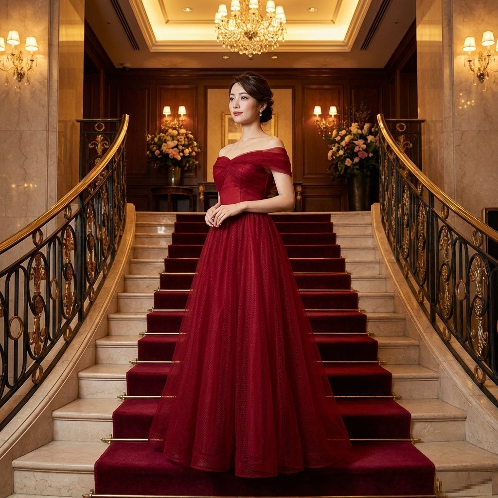 riche （着丈 サイズオーダー可能） オーダーメイド Aラインドレス ロングドレス ノースリーブドレス レッドドレス ベアトップドレス サテンドレス フォーマルドレス 高級ドレス 上質素材 王道 気品 華麗 大人女性 美シルエット 体型補整 大階段 シャンデリア 夜景 映える装い 結婚式 二次会 演奏会 特別な夜 ラグジュアリー （レッド）XS S M L XL XXL XXXL