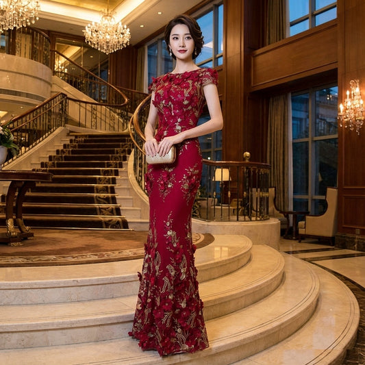 yvo マーメイドドレス ゴールド刺繍ロング フローラルエレガンス オーダーメイド （レッド）