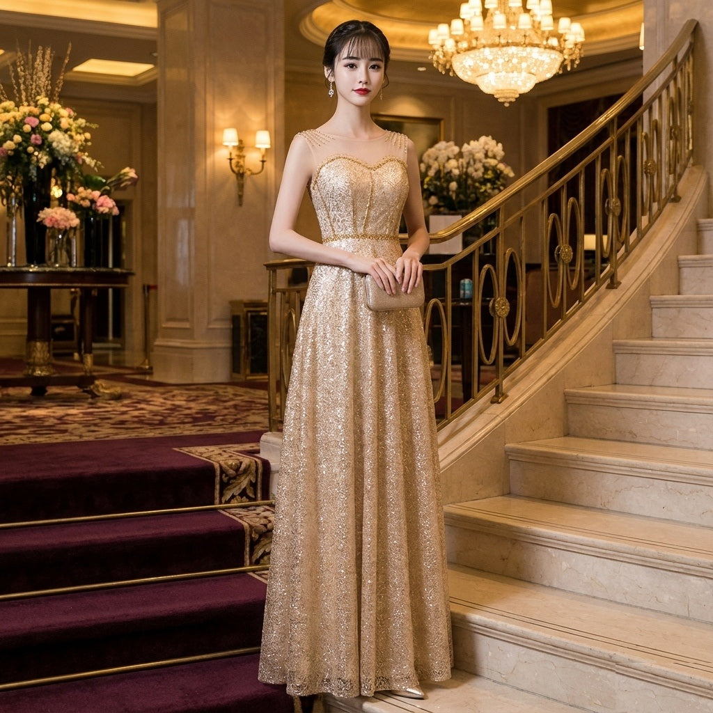 Amelia (着丈 サイズオーダー可能) Aラインドレス オーダーメイド ロングドレス ノースリーブドレス ベージュドレス ビジュードレス スパンコールドレス チュール 上質素材 体型補整 美シルエット クラシックホテル 大階段 シャンデリア光 気品 華やか 主役級 ラグジュアリー フォーマル 結婚式 演奏会 パーティー 特別な夜 （ベージュ）XS S M L XL XXL XXXL