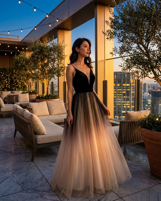 Sohvi Aラインドレス ブラックグラデーション ロング チュール 優雅 ルーフトップ オーダーメイド （ブラック）