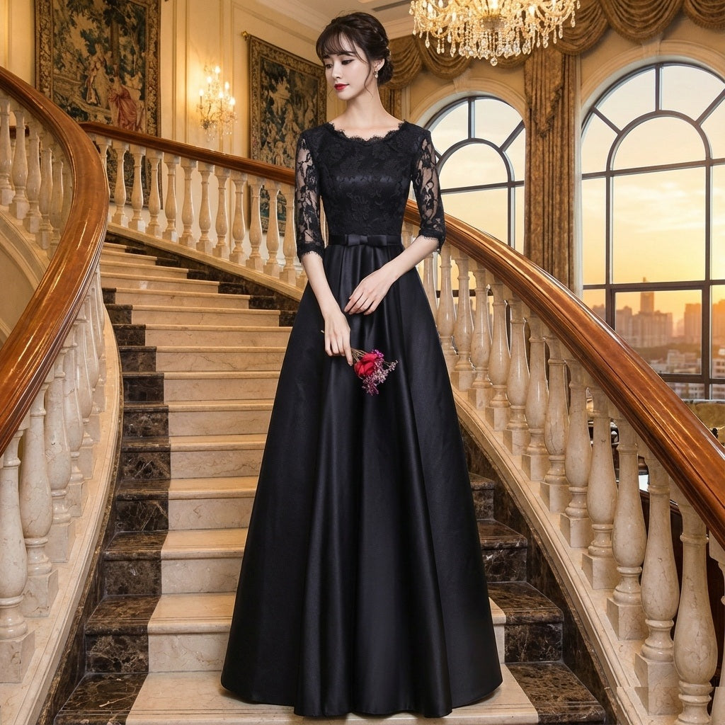 Annelise (着丈 サイズオーダー可能) Aラインドレス ロングドレス ノースリーブドレス オーダーメイド ブラックドレス 高級ドレス ラグジュアリードレス イブニングドレス パーティードレス レースドレス シアーレース ビジュートップ クラシックホテル 大階段 シャンデリア照明 上品な佇まい 大人女性 気品 透明感 日本人女性体型美 主役級 特別な夜 （ブラック）