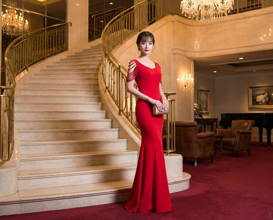 Laparra オーダーメイド マーメイドドレス ロングライン 優美曲線フォルム エレガンスシルエット （レッド）