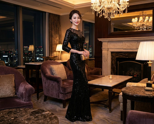 fleury スリットドレス ブラック ゴールド XS S M L XL XXL XXXL 結婚式 大きいサイズ 演奏会 パーティードレス ロングドレス お呼ばれ ドレス ワンピース 二次会 発表会 母親 フォーマルドレス 袖あり フォーマル パーティー 披露宴 同窓会 アフタヌーン ドレス ママ ドレス ミセス 七分袖 洋装 長袖 マザーズ ドレス 演奏会用 ドレス レディース Aライン