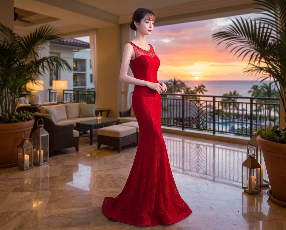 minaux (着丈 サイズオーダー可能) マーメイドドレス ロングドレス ノースリーブドレス オーダーメイド 高級ドレス レッドドレス フォーマルドレス パーティードレス 結婚式 演奏会 二次会 ルーフトップ テラス サンセット逆光 上質素材 サテンドレープ トレーン 曲線美 美シルエット 大人女性 気品 透明感 女神 主役級存在感 日本人女性 （レッド）XS S M L XL XXL XXXL