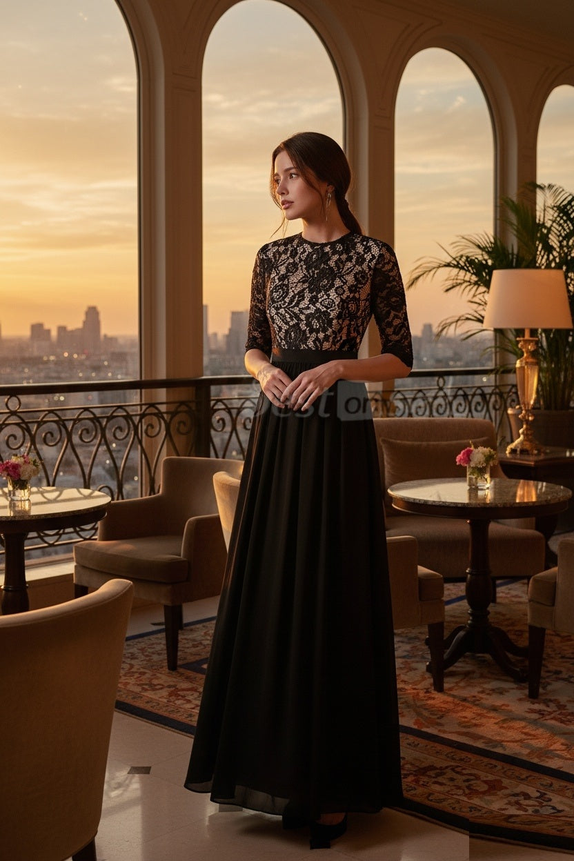 Britta Aラインドレス (着丈 サイズオーダー可能) オーダーメイド ロングドレス レースドレス シフォンドレス 五分袖ドレス ブラックドレス ハイウエストドレス 上質素材 高級感 美シルエット 透明感 体型補整 大人上品 静かな華やぎ 日本人女性 プレミアム ラグジュアリー エレガント フォーマル パーティー （ブラック）