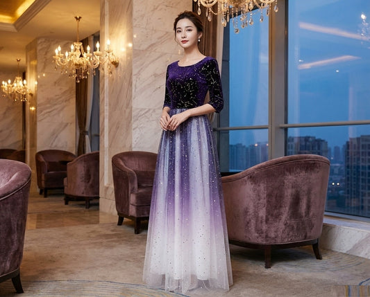 suoma オーダーメイド Aラインドレス ロングドレス グラデーションチュール ビジュートップ幻想美 （パープル）