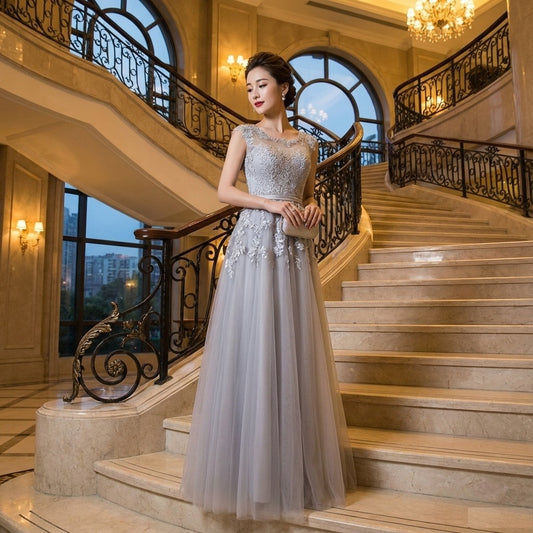 regina Aライン ロングドレス 洗練された気品 リュクス 晩餐会 オーダーメイド 総レース（グレー）