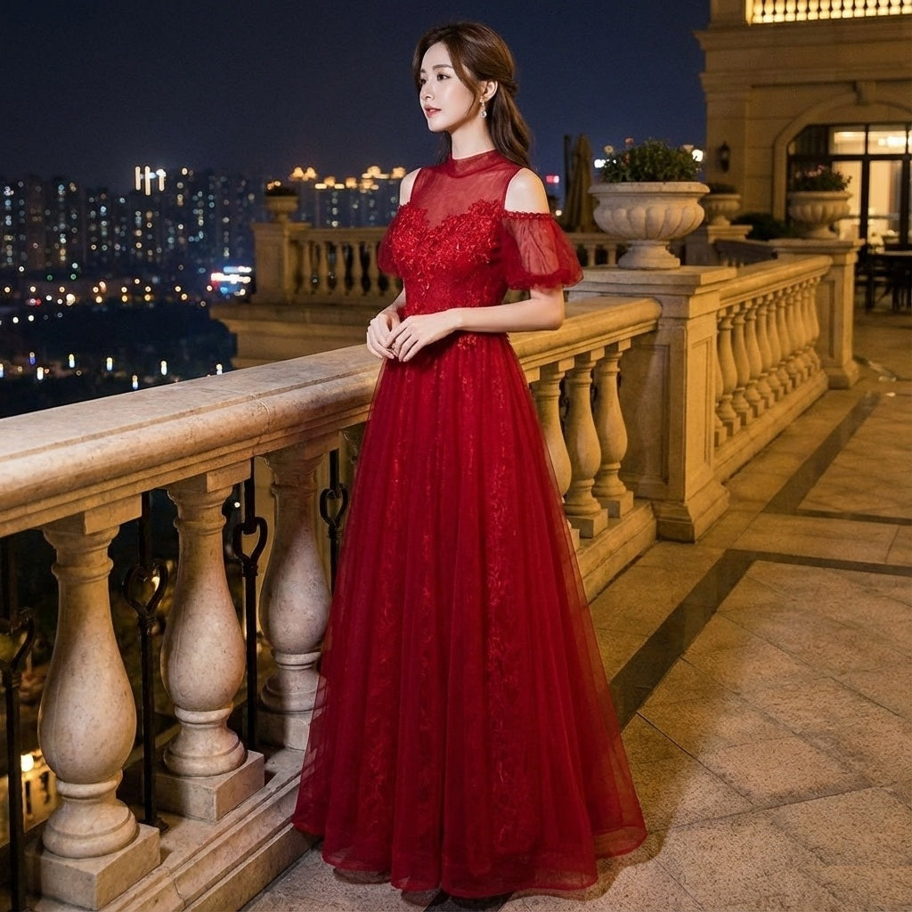 gilles Aラインドレス (着丈 サイズオーダー可能) オーダーメイド ロングドレス レッド シフォン チュール ノースリーブ フレアシルエット 体型カバー 縦ライン美 細見え 気品 華やぎ 大人の余裕 ホテル階段 シャンデリア光 特別な夜 晩餐会 演奏会 パーティー 主役級ラグジュアリードレス （レッド）XS S M L XL XXL XXXL