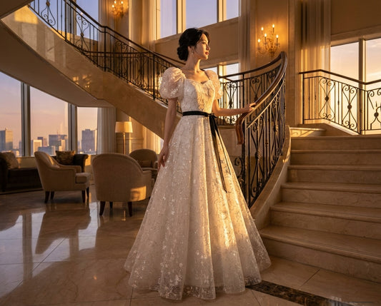 Luciana (着丈 サイズオーダー可能) Aラインドレス ロングドレス オーダーメイド 高級ドレス パーティードレス ノースリーブドレス チュールドレス 演奏会ドレス 晩餐会 ホテルウェディング 階段シーン映え シャンパンベージュ 繊細ラメ 上質シアー素材 透明感発光 縦長シルエット 体型美補正 大人の余裕 気品ある佇まい 静かな華やぎ 特別な夜 日本人女性向け 主役級存在感 （ホワイト）