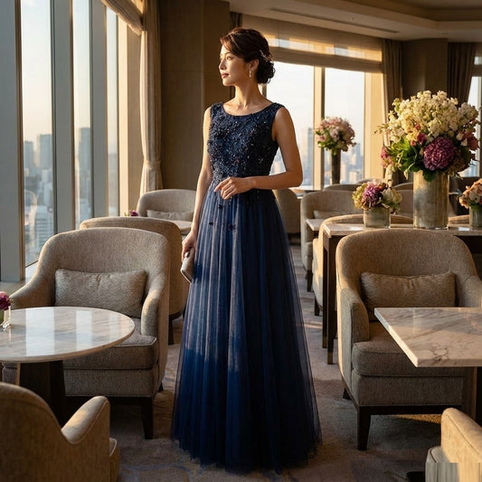 louisa Aラインドレス ネイビー XS S M L XL XXL XXXL 即日発送 即納 結婚式 パーティードレス 体型カバー 小柄  ゆったり マタニティ ブラジャー 20代 30代 40代 50代 ブランド ワンピース シャンパン 夏 持ち運び