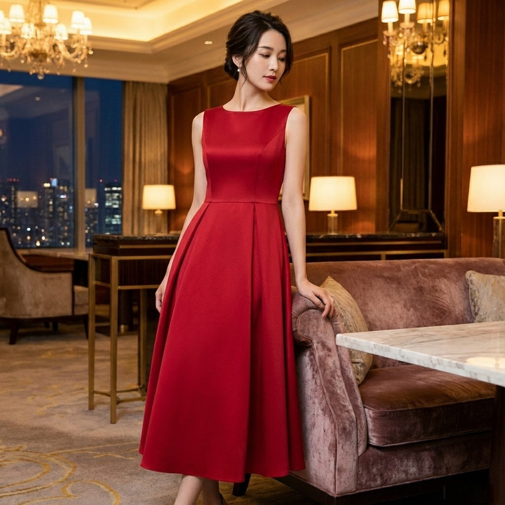 rimma （着丈 サイズオーダー可能） オーダーメイド Aラインドレス ロングドレス ノースリーブドレス レッドドレス サテンドレス フォーマルドレス 高級ドレス 上質素材 ミニマル 気品 知的エレガンス 大人女性 美シルエット 体型補整 ホテルラウンジ 夜景 映える装い 結婚式 二次会 演奏会 特別な夜 ラグジュアリー （レッド）XS S M L XL XXL XXXL