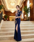 drahuse (着丈 サイズオーダー可能) オーダーメイド スリットドレス ロングドレス ネイビードレス ビジュードレス フォーマルドレス 上質素材 ゴールド刺繍 フロントスリット 縦ライン強調 美脚効果 クラシックホテル 大階段 シャンデリア光 知的 気品 大人女性 正装 結婚式 披露宴 演奏会 晩餐会 パーティー 高級感 日本人女性向け （ネイビー）XS S M L XL XXL XXXL