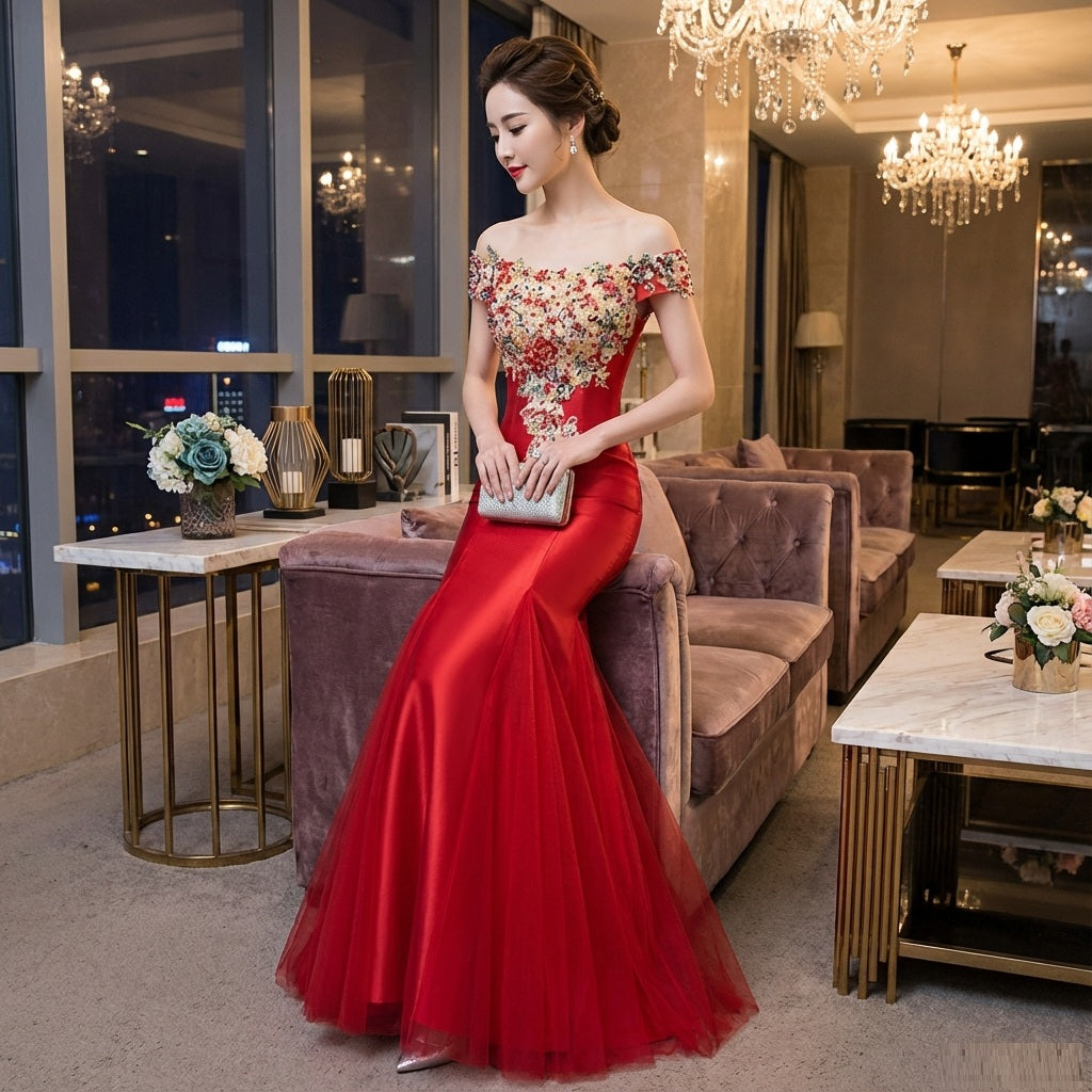 riccardo （着丈 サイズオーダー可能） オーダーメイド マーメイドドレス フィッシュテールドレス ロングドレス レッドドレス レースドレス ビジュードレス フォーマルドレス 高級ドレス 上質素材 華やぎ 情熱 気品 大人女性 美シルエット 体型補整 ホテルラウンジ 夜景 映える装い 結婚式 二次会 演奏会 特別な夜 ラグジュアリー （レッド）XS S M L XL XXL XXXL