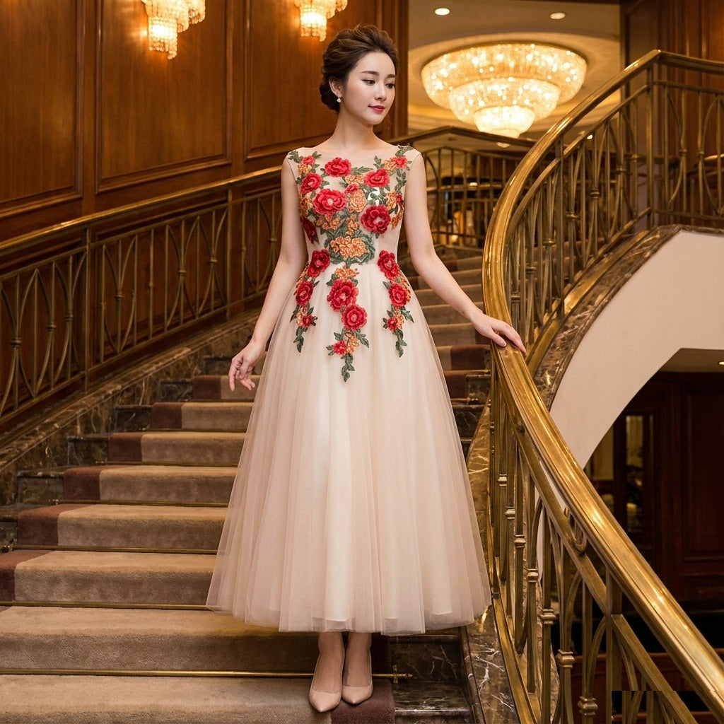 kaitlyn (着丈 サイズオーダー可能) Aラインドレス ロングドレス ノースリーブドレス オーダーメイド 高級 刺繍 レース チュール フラワーモチーフ ビジュー 立体刺繍 透明感 気品 上質感 ホテル階段 夜景 ラグジュアリー 晩餐会 パーティー 結婚式 二次会 発表会 特別な一日 日本人女性 優雅な佇まい 美しい瞬間 （レッド）XS S M L XL XXL XXXL