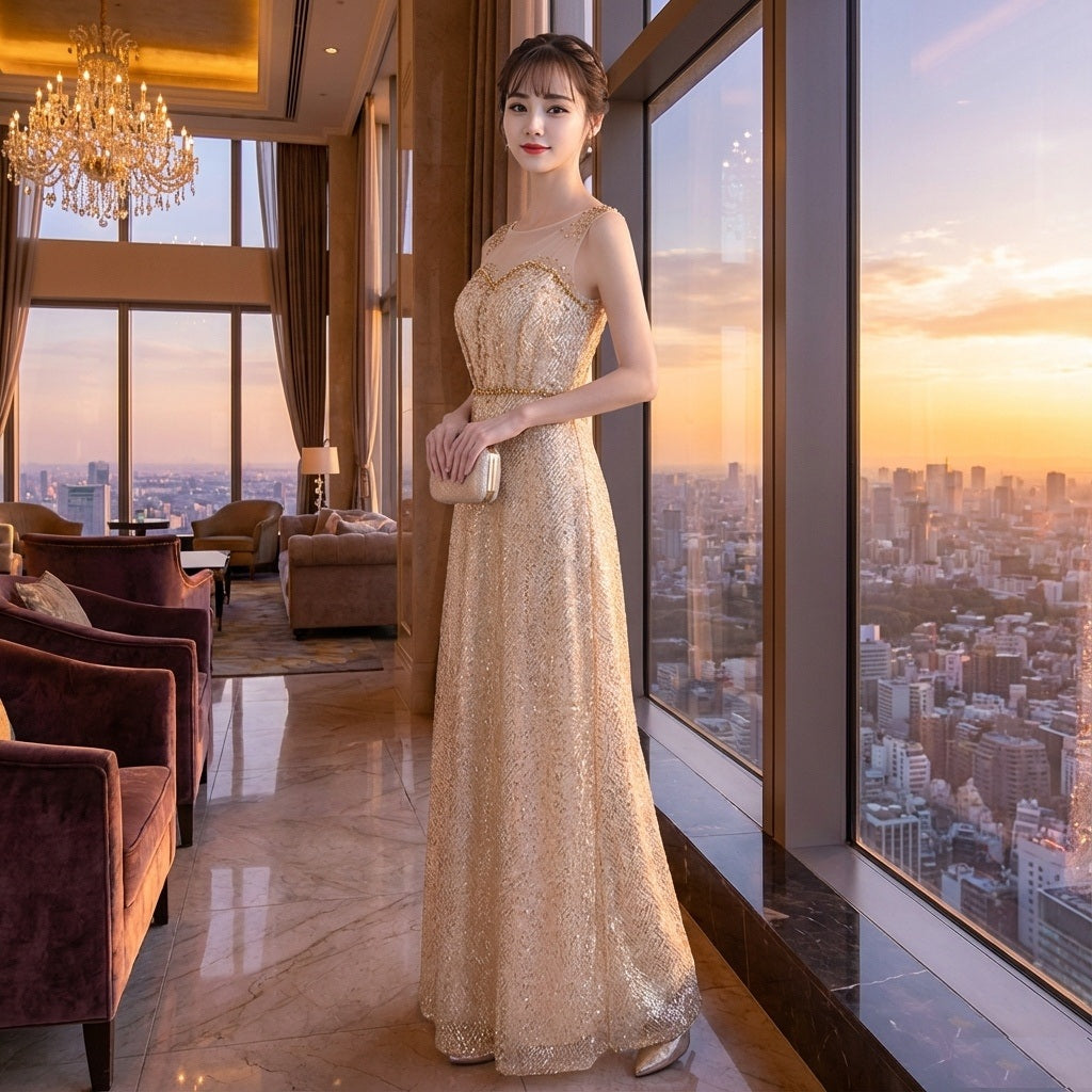 andlea Aラインドレス ゴールド S M L XL XXL　結婚式 大きいサイズ 演奏会 パーティードレス ロングドレス お呼ばれ ドレス ワンピース 二次会 発表会 母親 フォーマルドレス 袖あり フォーマル パーティー 披露宴 同窓会 アフタヌーン ドレス ママ ドレス ミセス 七分袖 洋装 長袖 マザーズ ドレス 演奏会用 ドレス レディース Aライン