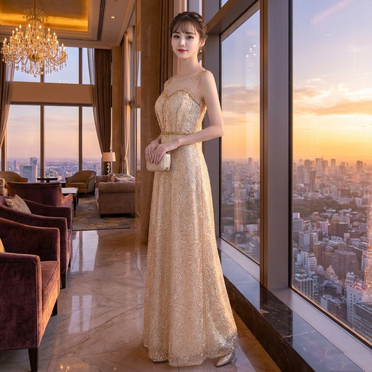 andlea Aラインドレス ゴールド S M L XL XXL　結婚式 大きいサイズ 演奏会 パーティードレス ロングドレス お呼ばれ ドレス ワンピース 二次会 発表会 母親 フォーマルドレス 袖あり フォーマル パーティー 披露宴 同窓会 アフタヌーン ドレス ママ ドレス ミセス 七分袖 洋装 長袖 マザーズ ドレス 演奏会用 ドレス レディース Aライン