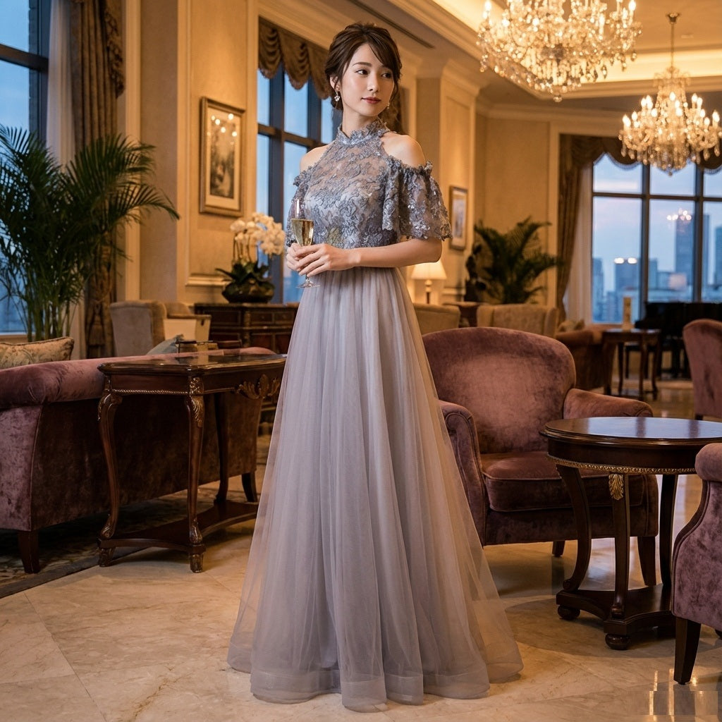 andrea Aラインドレス グレー XS S M L XL XXL XXXL　結婚式 大きいサイズ 演奏会 パーティードレス ロングドレス お呼ばれ ドレス ワンピース 二次会 発表会 母親 フォーマルドレス 袖あり フォーマル パーティー 披露宴 同窓会 アフタヌーン ドレス ママ ドレス ミセス 七分袖 洋装 長袖 マザーズ ドレス 演奏会用 ドレス レディース Aライン