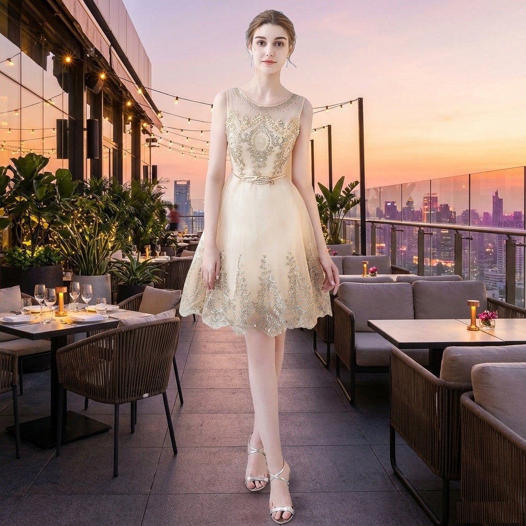 mallarme (着丈 サイズオーダー可能) Aラインドレス ミニドレス ノースリーブドレス オーダーメイド 高級 チュール レース ビジュー刺繍 フラワーモチーフ 立体装飾 フィットフレア 美脚効果 透明感 気品 フェアリーエレガンス スタジオ光 柔らかな陰影 特別な一日 パーティー 二次会 発表会 日本人女性 可憐な佇まい 心奪われる瞬間 （ベージュ）XS S M L XL XXL XXXL