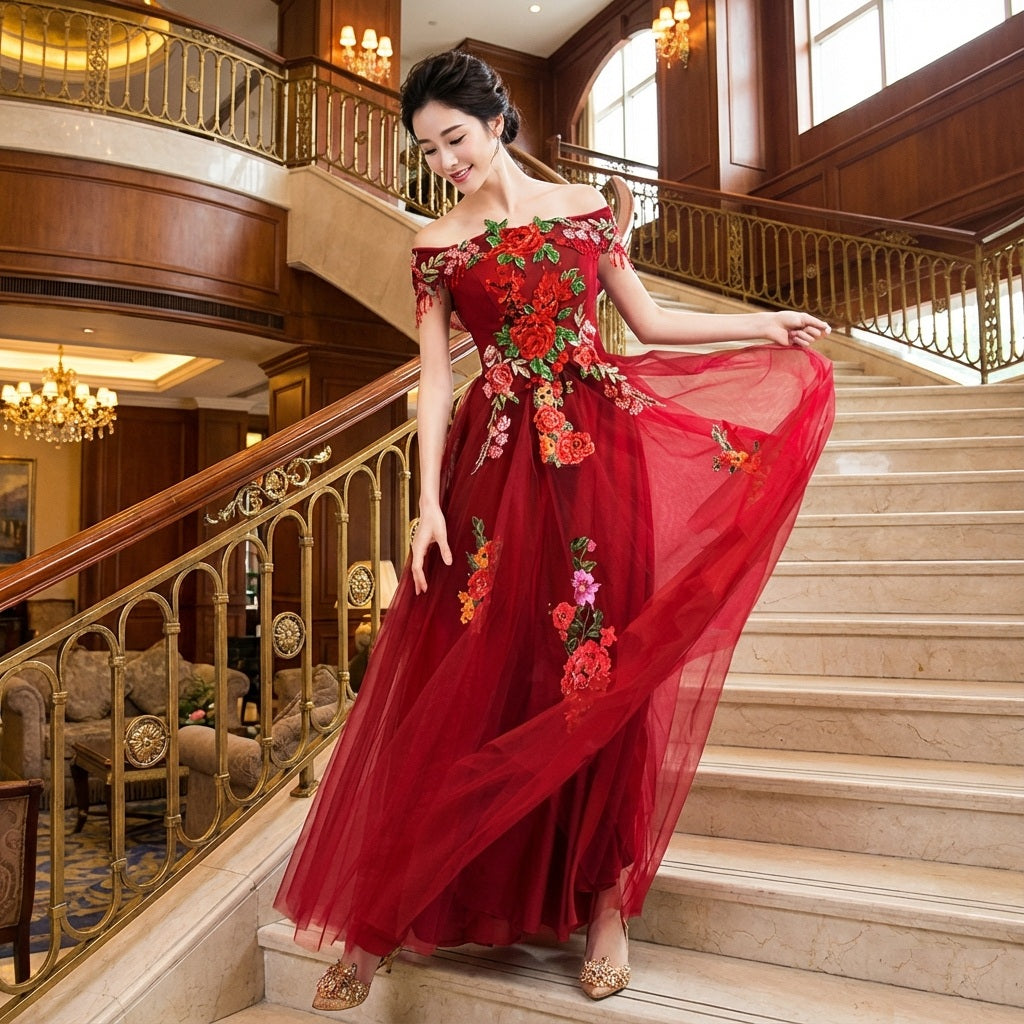 melissa (着丈 サイズオーダー可能) Aラインドレス ロングドレス ノースリーブドレス オーダーメイド 高級 チュール レース フラワー刺繍 立体モチーフ シアー素材 ドレープ感 ボリュームスカート 動きのあるシルエット 透明感 気品 ロマンティックエレガンス ホテル大階段 シャンデリア 夜景 特別な夜 パーティー 晩餐会 日本人女性 視線を集める瞬間 （レッド）XS S M L XL XXL XXXL