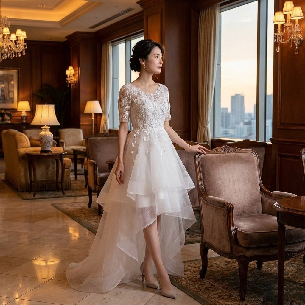 volante フィッシュテール Aラインドレス (着丈 サイズオーダー可能) オーダーメイド ハイローヘムドレス レース刺繍 チュールドレス 上質素材 軽やかシルエット 体型補整 透明感 大人上品 ホテルラウンジ 特別な日 フォーマル ラグジュアリー （ホワイト）XS S M L XL XXL XXXL