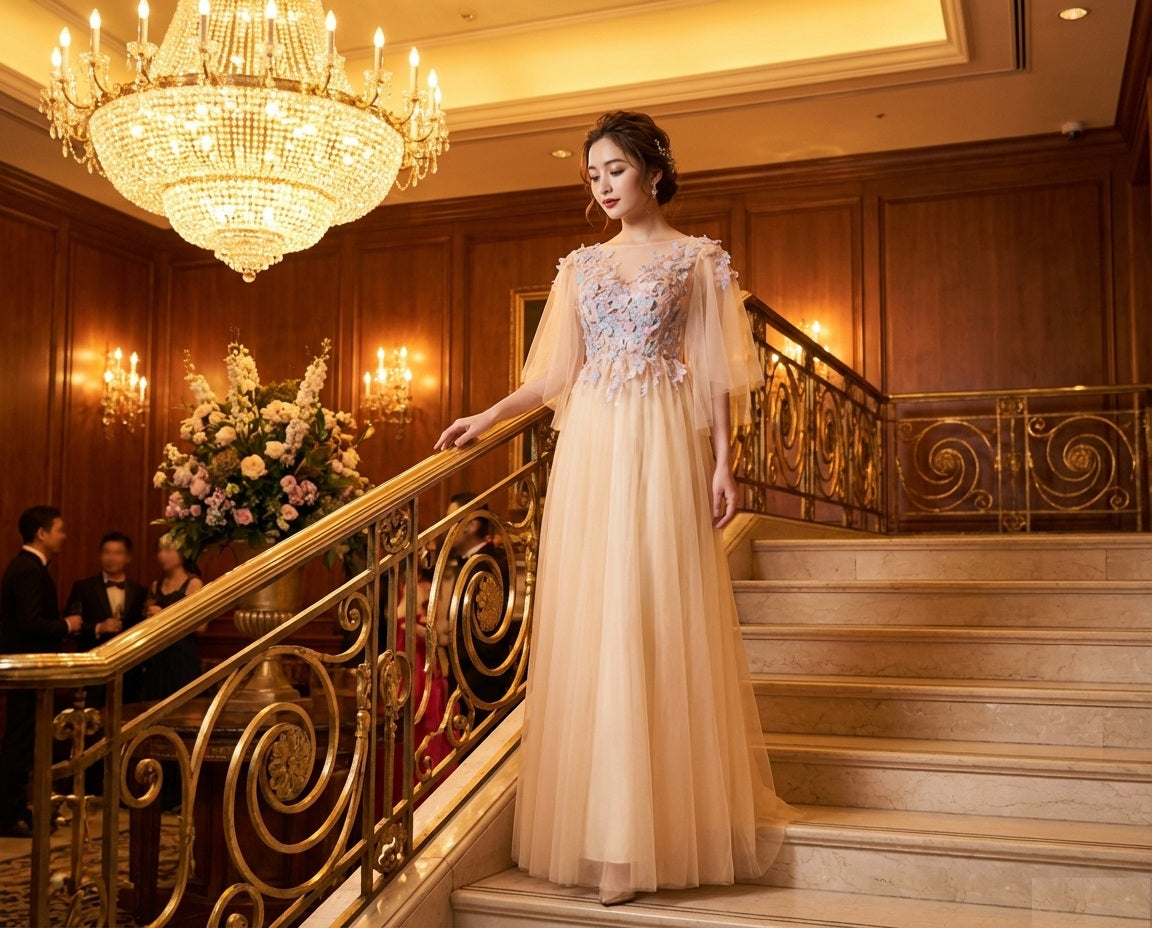 lacordaire (着丈 サイズオーダー可能) Aラインドレス ロングドレス ノースリーブドレス オーダーメイド 高級 チュール シフォン レース 透け感 エアリー 柔らかドレープ 淡色グラデーション 透明感 清楚 気品 優美な光 夕暮れライティング 特別な一日 披露宴 二次会 パーティー 日本人女性 優しい微笑み 美しさ引き立つ瞬間 （ベージュ）XS S M L XL XXL XXXL