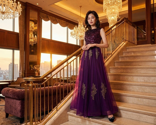 即納ドレス あす楽 a1401 ロングドレス パープル大人イブニングドレス カラードレス ブライズメイド  Aラインドレス ステージドレス お急ぎ 演奏会 大きいサイズ 結婚式二次会  お呼ばれ 結婚式 発表会 ロング丈 即日発送 上品