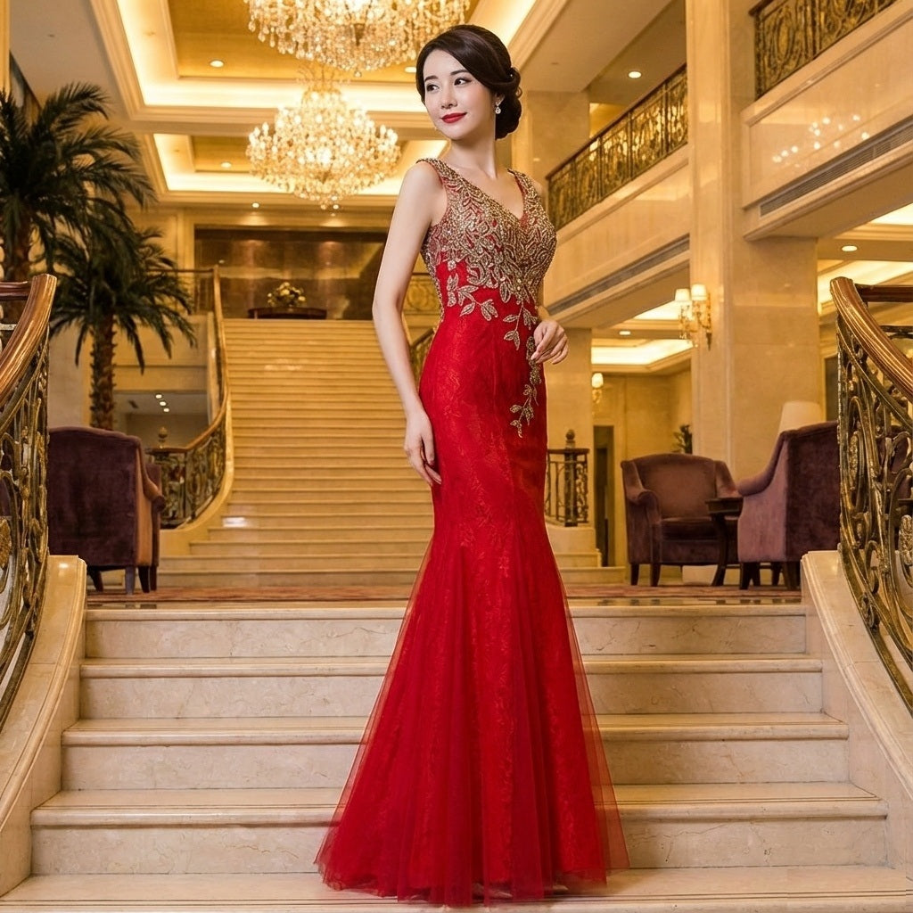 amanda マーメイドドレス (着丈 サイズオーダー可能) ロングドレス オーダーメイド パーティードレス フォーマルドレス イブニングドレス スリットドレス ノースリーブドレス ビジュードレス スパンコール 刺繍デザイン ボディライン強調 立体シルエット 透明感 気品 セクシーエレガンス 大人女性 日本人女性 階段ポージング ホテル空間 シャンデリア照明 主役級 特別な夜 楽天市場人気 （レッド）