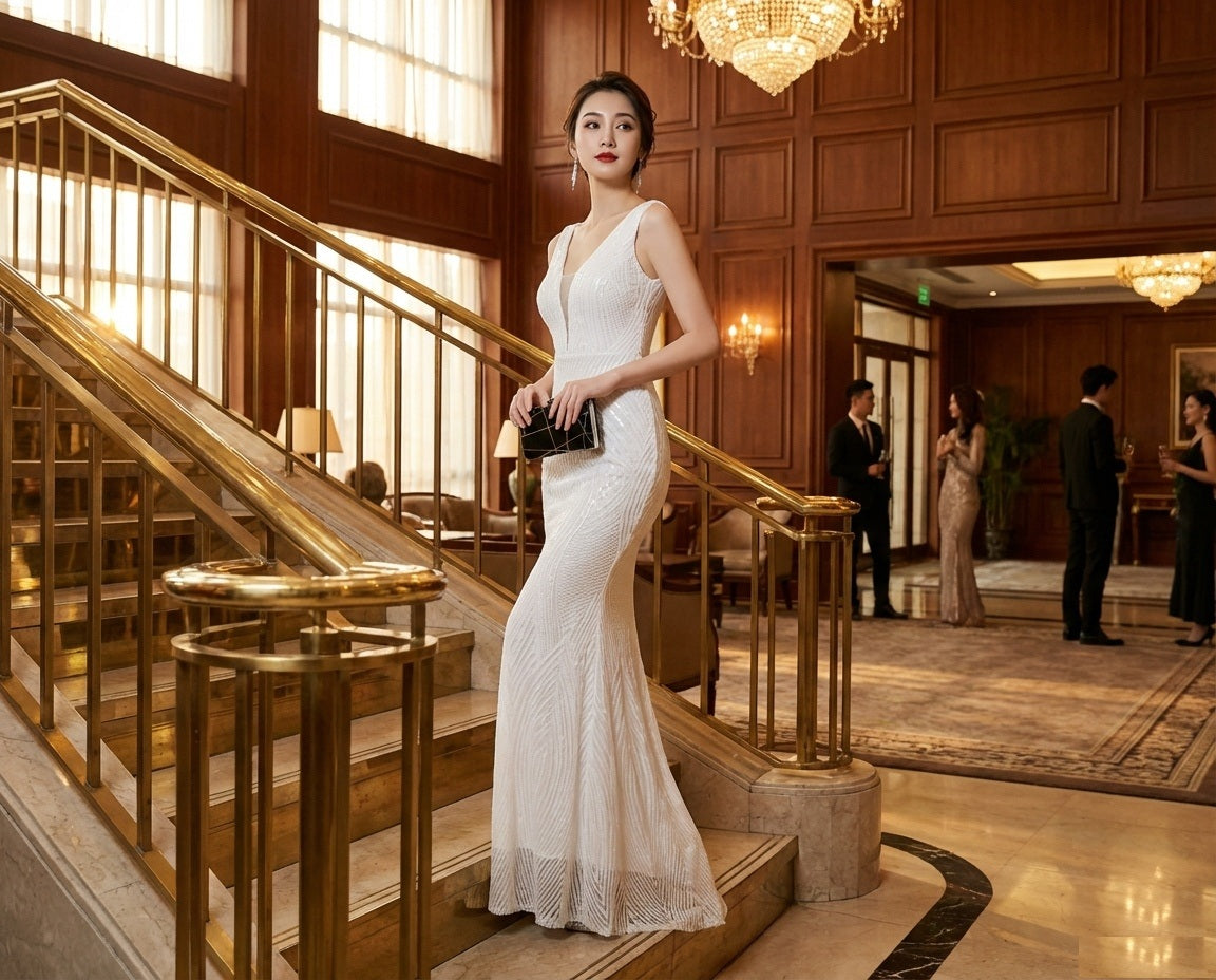 aatami マーメイドドレス (着丈 サイズオーダー可能) オーダーメイド ロングドレス ノースリーブドレス ホワイトドレス アイボリー レース ビジュー 刺繍 シアー 上質素材 高級感 気品 透明感 大人の余裕 静かな美しさ クラシックホテル 大階段 ゴールド手すり シャンデリア ナイトラグジュアリー 光演出 美脚ライン 体型補正 フォーマル 晩餐会 特別な夜 （ホワイト）