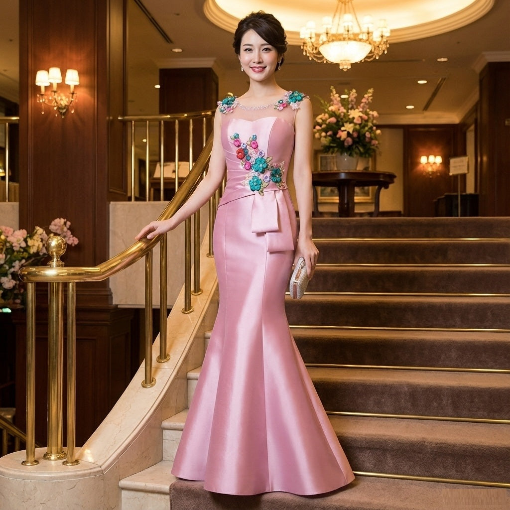 carinaa (着丈 サイズオーダー可能) マーメイドドレス ロングドレス オーダーメイド 高級ドレス ピンクドレス フラワー刺繍ドレス ビジュードレス ノースリーブドレス フィッシュテール パーティードレス イブニングドレス 演奏会ドレス 発表会ドレス 結婚式 二次会 高級ホテル 大階段 シャンデリア光 気品 可憐な色香 日本人女性 曲線美強調 特別な夜 主役級存在感 （ピンク）XS S M L XL XXL XXXL