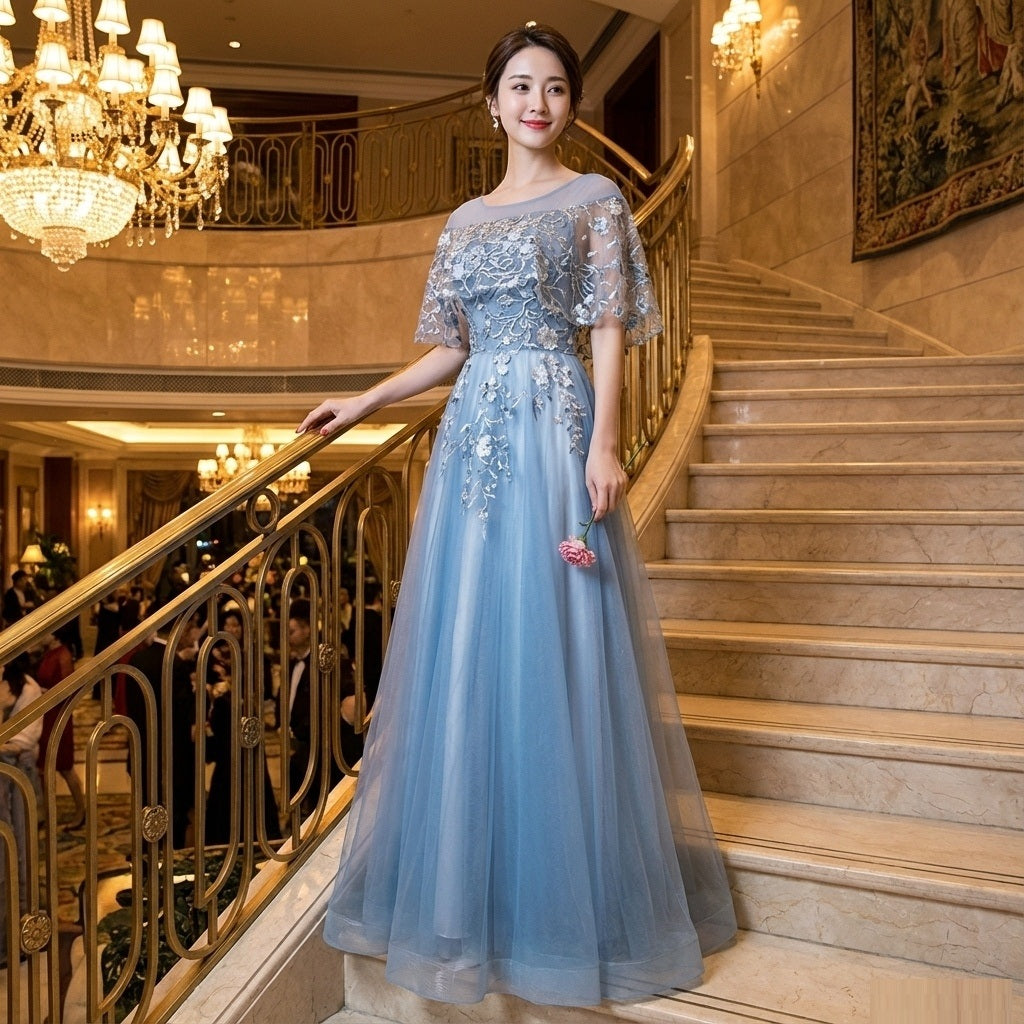 lagrange (着丈 サイズオーダー可能) Aラインドレス ロングドレス ノースリーブドレス オーダーメイド 高級 チュール レース ビジュー刺繍 フラワーモチーフ 立体装飾 ボリュームスカート 透明感 気品 プリンセスライン ホテル空間 柔らか照明 特別な夜 晩餐会 発表会 日本人女性 優雅な広がり 美しさ最大化 （ネイビー）XS S M L XL XXL XXXL