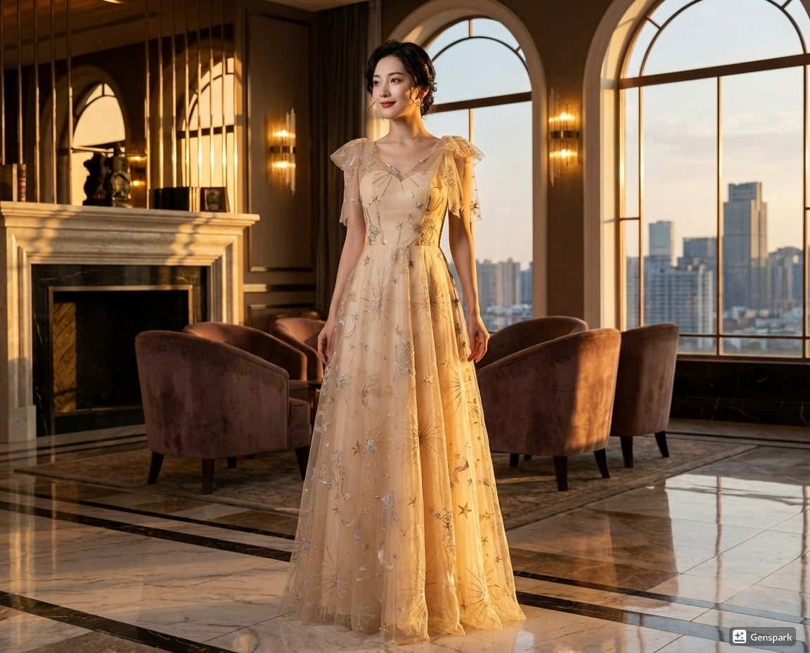 rigaud (着丈 サイズオーダー可能) Aラインドレス オーダーメイド ロングドレス ノースリーブドレス イエロードレス ゴールド レース ビジュー チュール 上質素材 体型補整 美シルエット ホテルラウンジ 大窓 夕景 夜景 シャンデリア光 気品 華やか 主役級 大人女性 ラグジュアリー フォーマル 結婚式 演奏会 パーティー 特別な夜（ベージュ）XS S M L XL XXL XXXL