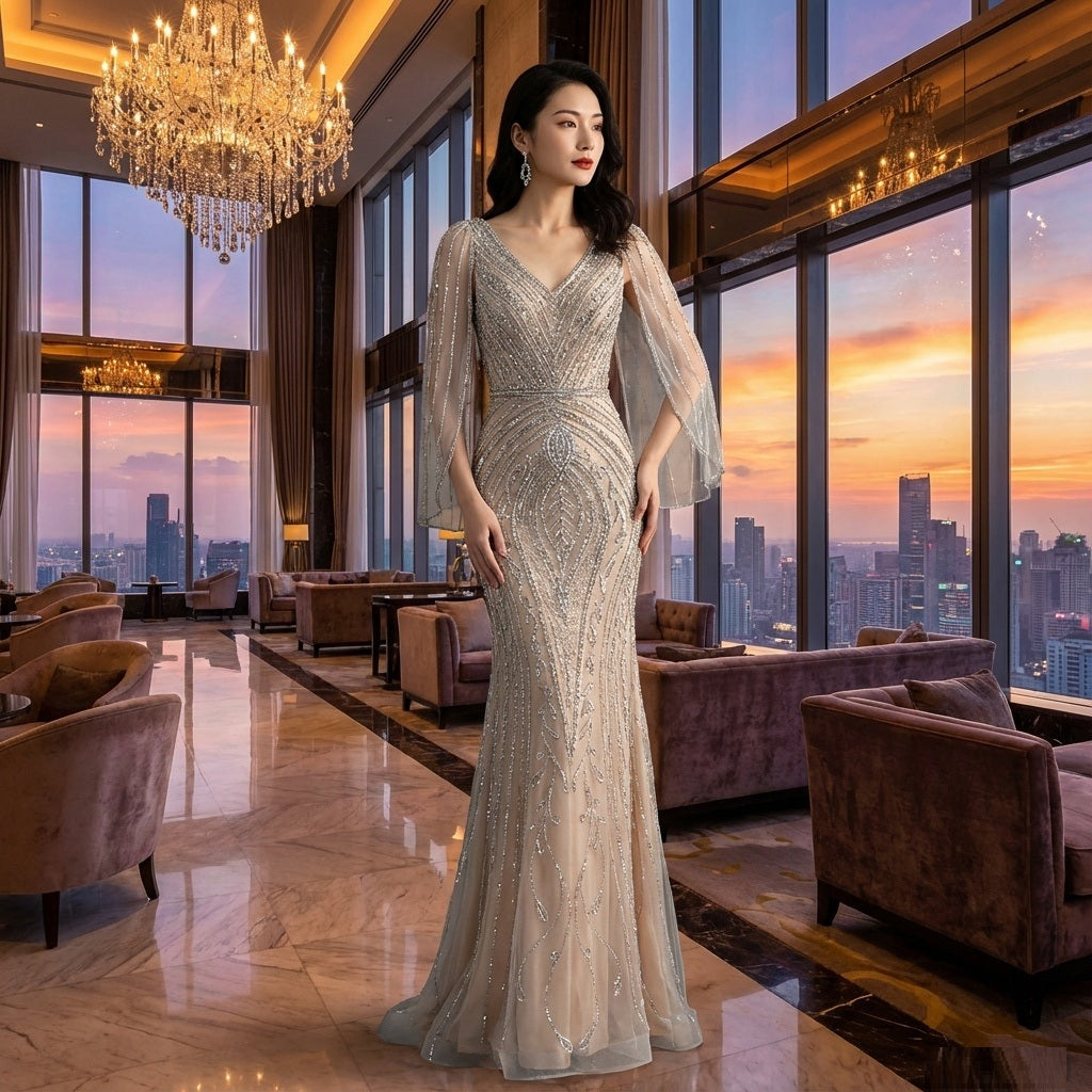 anselmo マーメイドドレス (着丈 サイズオーダー可能) オーダーメイド ロングドレス レースドレス 長袖ドレス ベージュドレス 総レース シアー素材 上質チュール 微光沢 体型補整 美シルエット 高層ホテル ラウンジ 夕景 夜景 窓際光 気品 色気 大人女性 ラグジュアリー フォーマル 結婚式 演奏会 パーティー 特別な夜 （ベージュ）