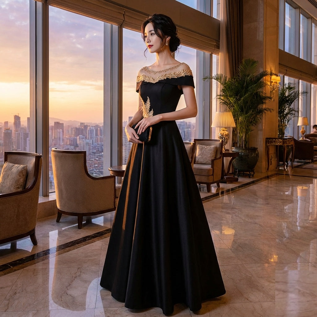 saraha （着丈 サイズオーダー可能） オーダーメイド ブラックドレス ロングドレス オフショルダードレス サテンドレス ウエストリボン 美シルエット 気品 大人女性 日本人女性 体型補整 ホテル夕景 特別な夜 フォーマル パーティー （ブラック）XS S M L XL XXL XXXL