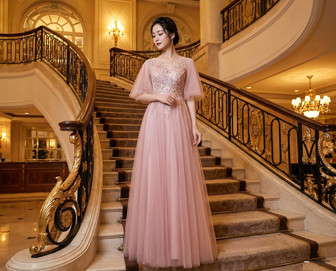 Marina (着丈 サイズオーダー可能) Aラインドレス オーダーメイド ロングドレス ノースリーブドレス ピンクドレス チュールドレス シフォンドレス 上質素材 軽やか 体型補整 美シルエット クラシックホテル 大階段 シャンデリア光 可憐 気品 透明感 ラグジュアリー フォーマル 結婚式 演奏会 パーティー 特別な夜 （ピンク）XS S M L XL XXL XXXL