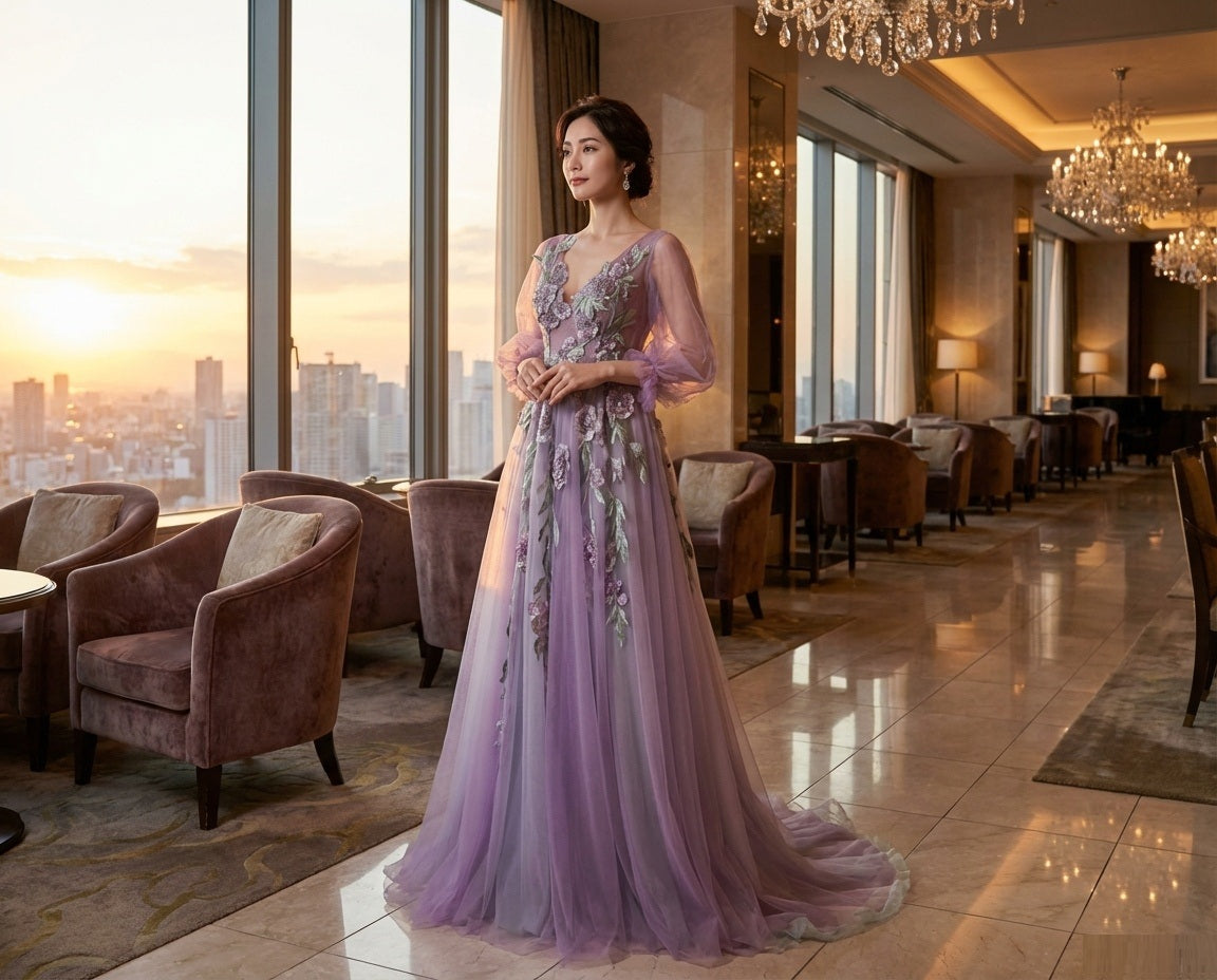 felix (着丈 サイズオーダー可能) オーダーメイド Aラインドレス ロングドレス ビジュードレス ノースリーブドレス パープルドレス フォーマルドレス 上質素材 繊細ビジュー チュールスカート ラベンダー 夕景ライティング 高層ホテル 都会的 透明感 気品 清楚 大人女性 正装 結婚式 披露宴 演奏会 晩餐会 パーティー 高級感 日本人女性向け （パープル）XS S M L XL XXL XXXL