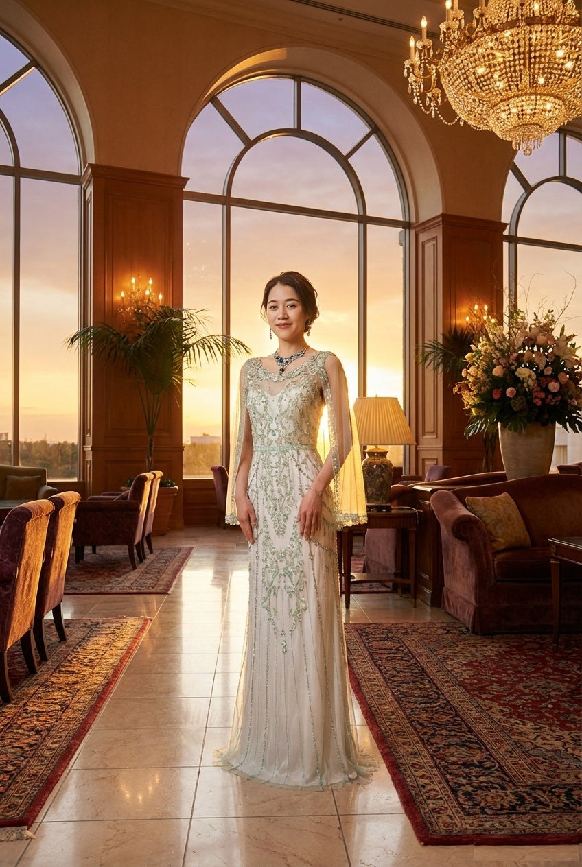 豪華オールビジュードレス n2032 (着丈 サイズオーダー可能) ロングドレス マーメイドドレス ノースリーブドレス オーダーメイド 高級ドレス ホワイトドレス フォーマルドレス パーティードレス 結婚式 演奏会 二次会 宮殿ホテル 回廊 夕景自然光 上質素材 サテン シフォン 縦ライン 美シルエット 大人女性 気品 透明感 清楚 主役級存在感 日本人女性 （ホワイト）XS S M L XL XXL XXXL