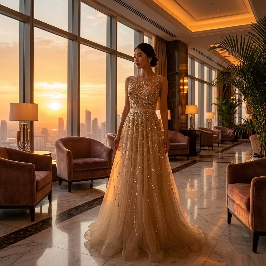 n1011 Aラインドレス (着丈 サイズオーダー可能) オーダーメイド ロングドレス ノースリーブドレス レースドレス チュールドレス シアー素材 微光沢 透明感 美シルエット ホテルラウンジ 夕景 サンセット光 気品 大人女性 ラグジュアリー フォーマル 結婚式 演奏会 パーティー 特別な夜 （ベージュ）