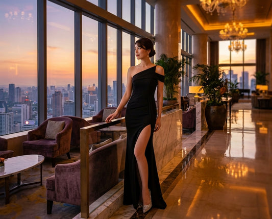 selina オーダーメイド スリットドレス ロングドレス ワンショルダー タイトシルエット 夜景エレガンス （ブラック）