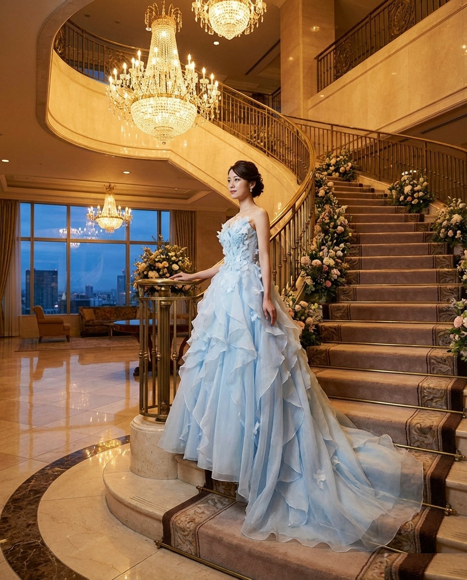 amara Aラインドレス (着丈 サイズオーダー可能) ロングドレス ノースリーブドレス オーダーメイド 高級ドレス パーティードレス 演奏会ドレス 結婚式ドレス フォーマル 楽天人気 チュールドレス ビジュー装飾 透明感 上質感 気品 クラシック 大人女性 ホテル大階段 シャンデリア光 後ろ姿美人 主役級存在感 特別な夜 写真映え 美しさ最大化(ブルー)