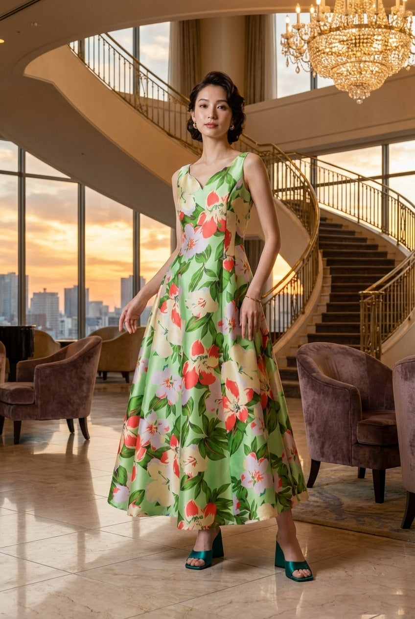 3757t ロングドレス (着丈 サイズオーダー可能) オーダーメイド Aラインドレス ノースリーブドレス フラワードレス ボタニカルプリント グリーンドレス フレアロング Vネックデザイン ホテルラウンジ 自然光 夕景ライティング 華やか 気品 大人女性 美シルエット 高級感 特別な一日 結婚式 二次会 演奏会 パーティー フォーマル 日本人女性 （グリーン）XS S M L XL XXL XXXL