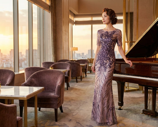tea (着丈 サイズオーダー可能) マーメイドドレス ロングドレス オーダーメイド 高級ドレス パープルドレス ラベンダードレス レースドレス スパンコールドレス ノースリーブドレス フィッシュテール パーティードレス イブニングドレス 演奏会ドレス 発表会ドレス 結婚式 二次会 ピアノラウンジ 夕景ライティング 音楽の余韻 気品 透明感 大人の余裕 日本人女性 曲線美強調 特別な夜 主役級存在感 （パープル）
