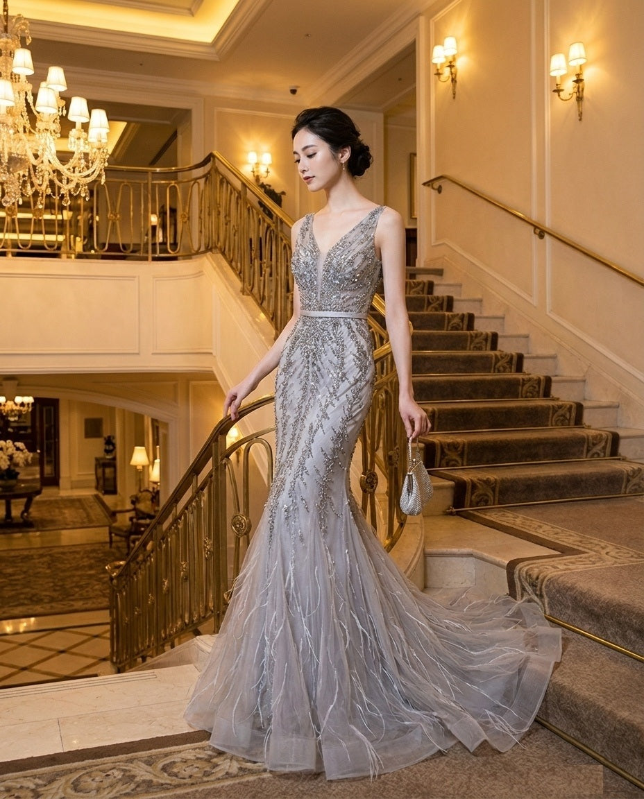 豪華オールビジュードレス noora （着丈 サイズオーダー可能） オーダーメイド マーメイドドレス ロングドレス ノースリーブドレス ビジュードレス レースドレス フォーマルドレス 高級ドレス 上質素材 透明感 気品 大人女性 美シルエット 体型補整 ホテル大階段 シャンデリア 暖光 夜景 映える装い 結婚式 二次会 演奏会 特別な夜 ラグジュアリー （ブルー）XS S M L XL XXL XXXL