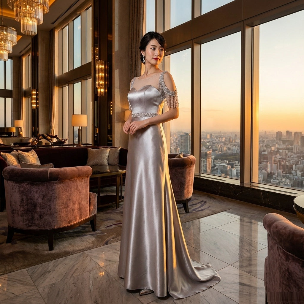 n8002t Aラインドレス (着丈 サイズオーダー可能) オーダーメイド ロングドレス ノースリーブドレス シルバードレス 上質サテン 微光沢素材 ビジュードレス ショルダーフリンジ 体型補整 美シルエット 気品 透明感 大人女性 ラグジュアリー フォーマル 結婚式 演奏会 パーティー 特別な夜 （グレー）XS S M L XL XXL XXXL